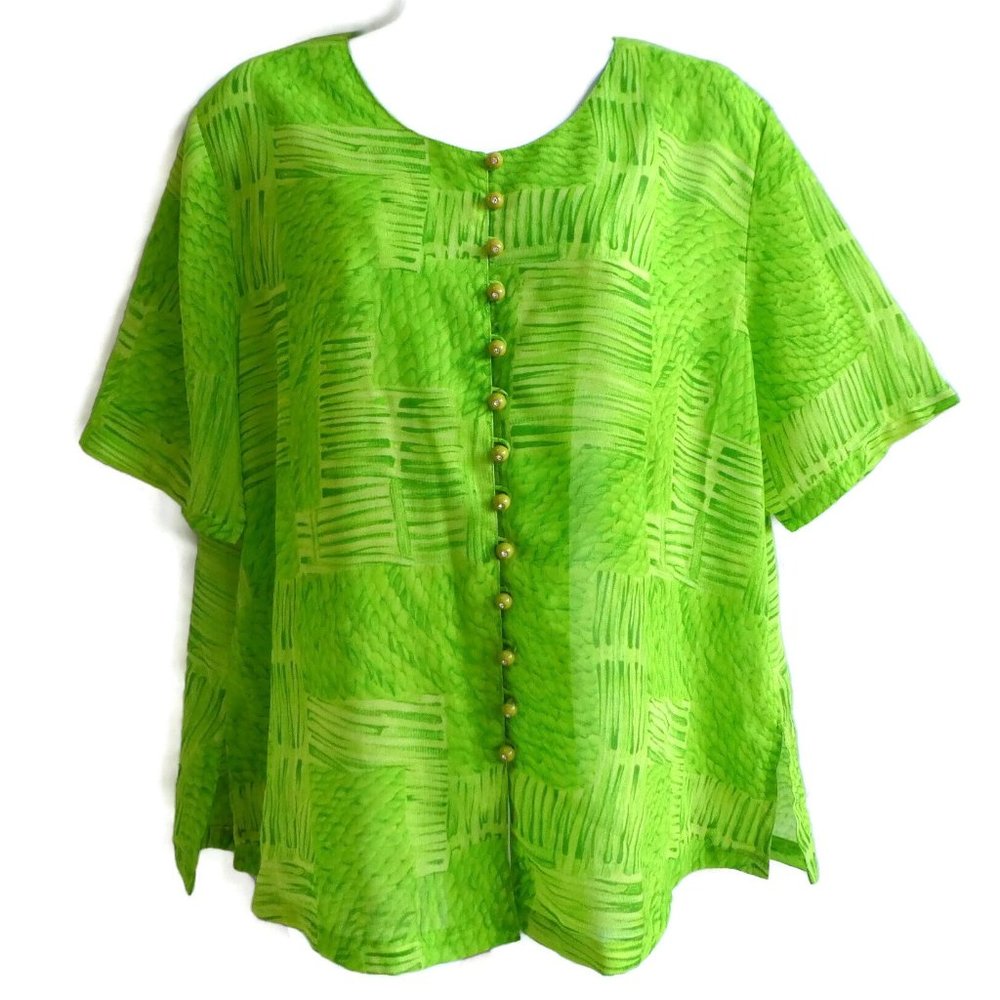 Vintage Top Neon Lime Patchwork Pea Button Front … - image 3